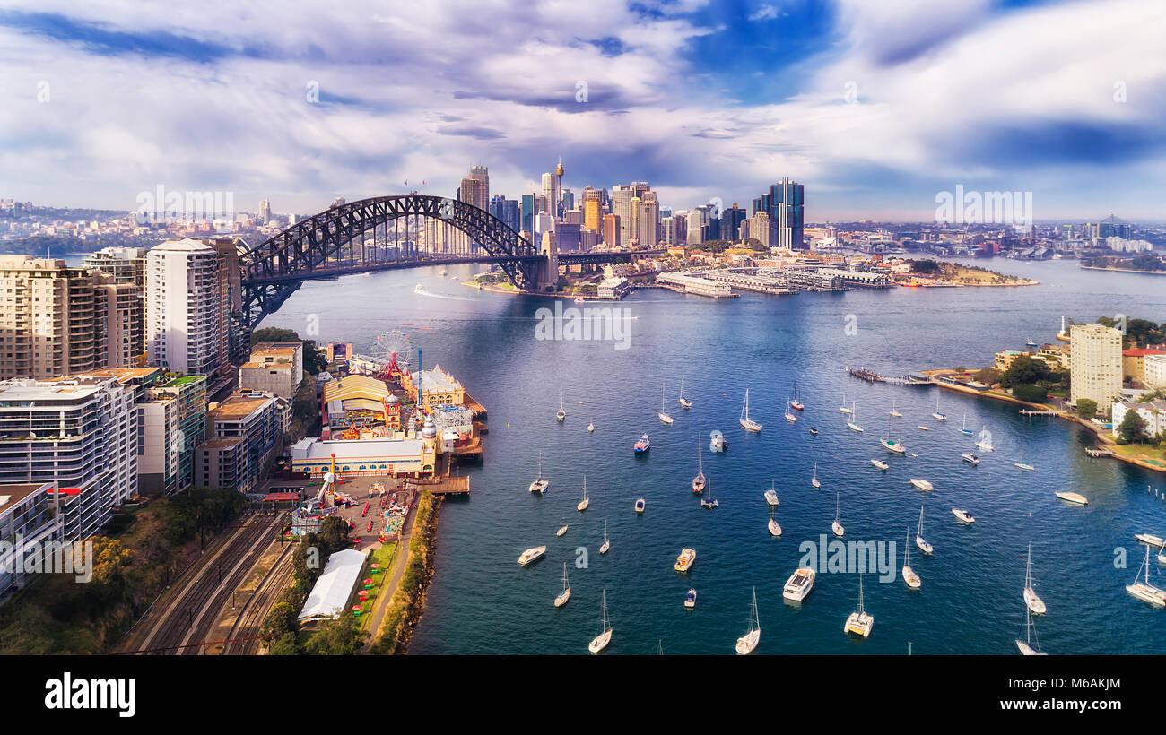 Lavender bay of Sydney harbour near Sydney harbour bridge off Lower North Shore in view of The Rocks, Barangaroo and city CBD. Stock Photo