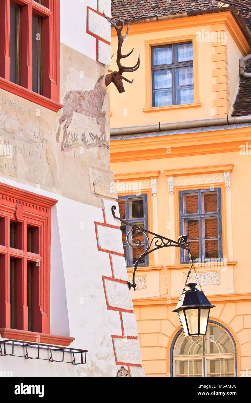 Sighisoara, Transylvania, Romania, 2012: House in the old walled town center. Traditional architecture. Stock Photo
