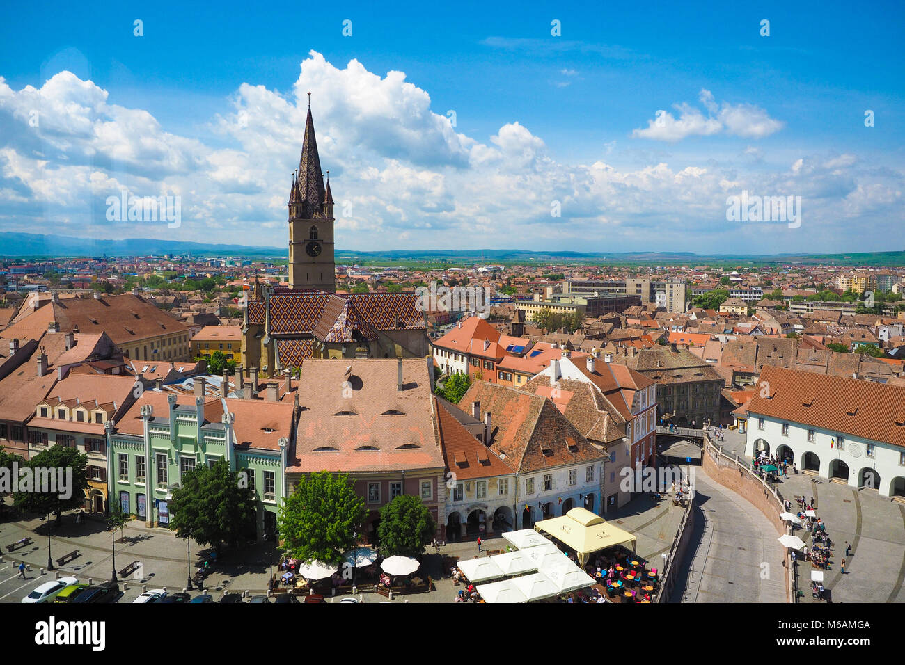 Panoramic view of Sibiu central square in Transylvania, Romania