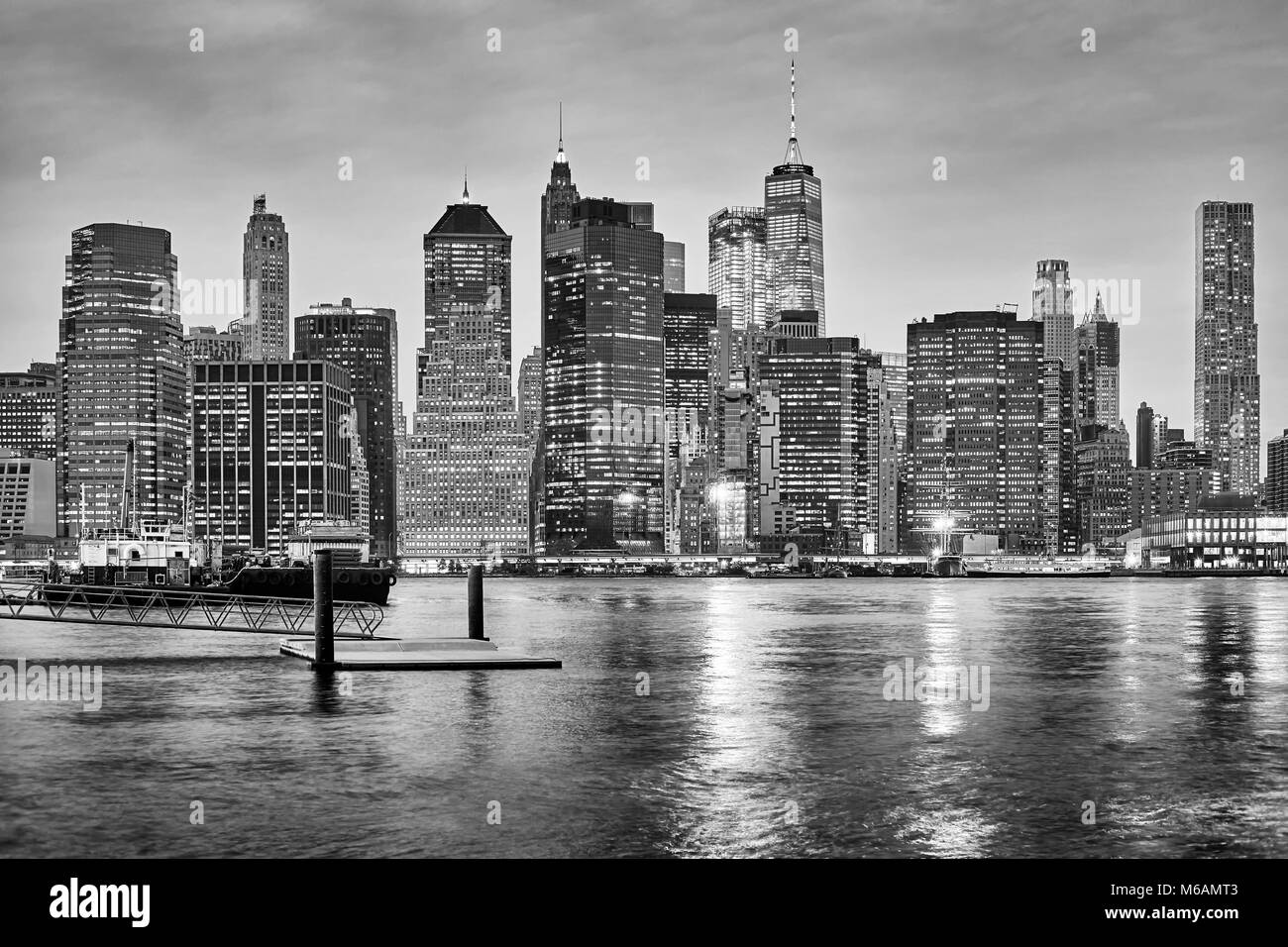 Black and white New York City skyline at night, USA. Stock Photo