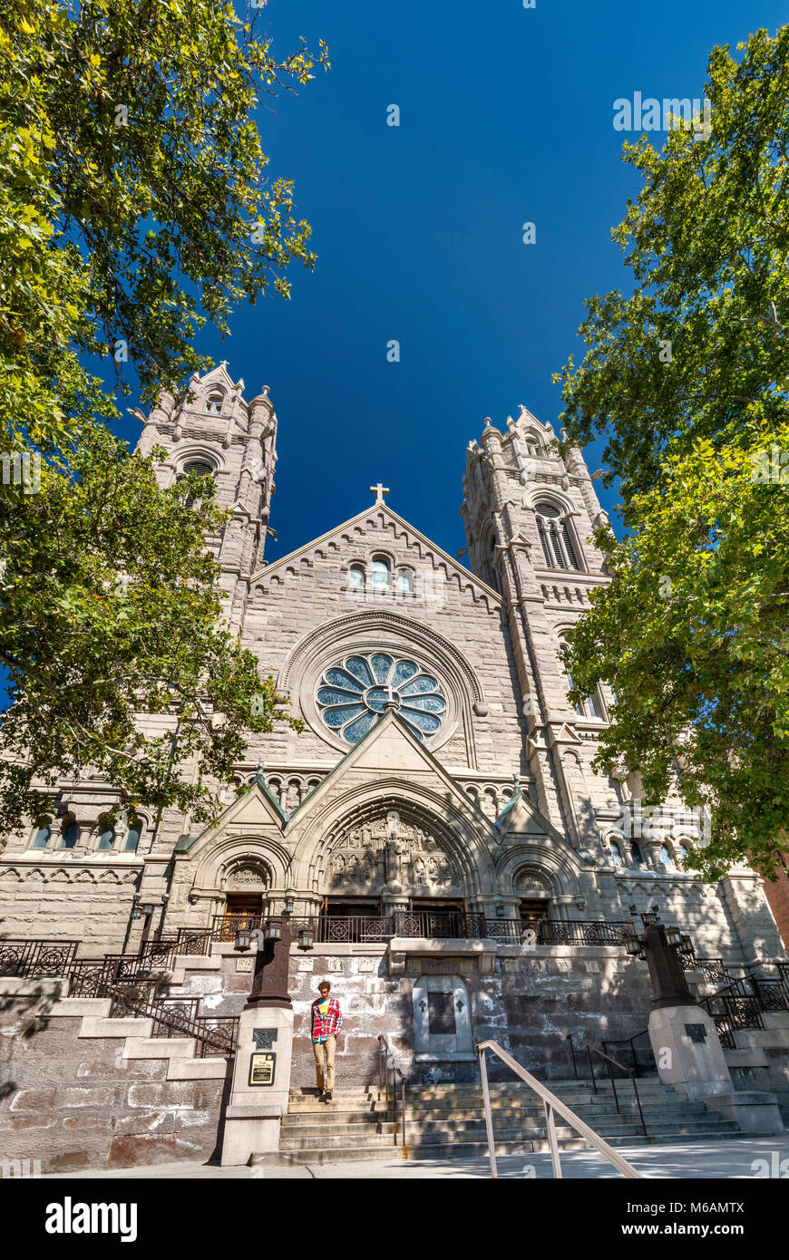 Neo-Romanesque facade of Cathedral of the Madeleine, Salt Lake City, Utah, USA Stock Photo