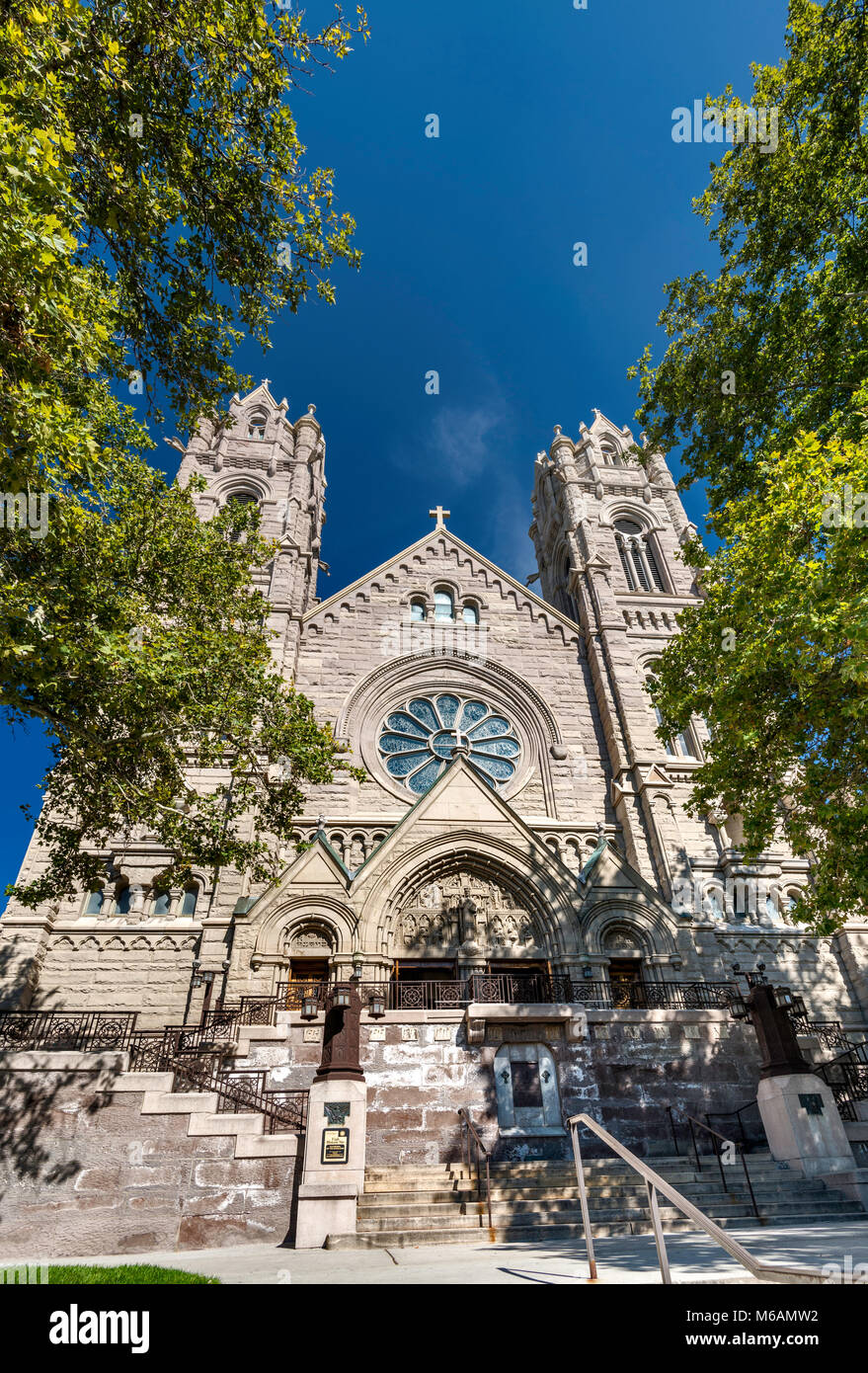 Neo-Romanesque facade of Cathedral of the Madeleine, Salt Lake City, Utah, USA Stock Photo