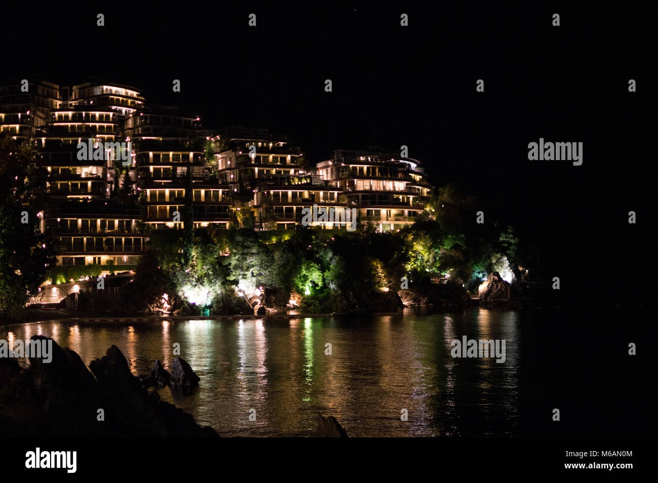 Night Shot of Hotel in Budva at Budva Riviera, Montenegro Stock Photo