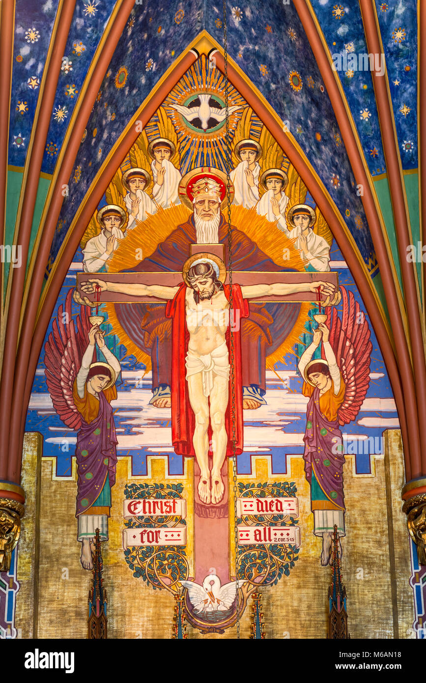 Christ on the Cross, God the Father and the Holy Spirit murals in Sanctuary of  Cathedral of the Madeleine, Salt Lake City, Utah, USA Stock Photo