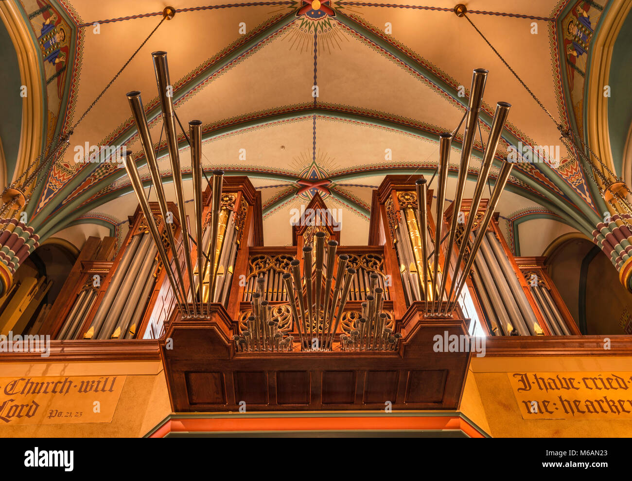 Fanfare Trumpet at gallery organ, Cathedral of the Madeleine, Salt Lake City, Utah, USA Stock Photo