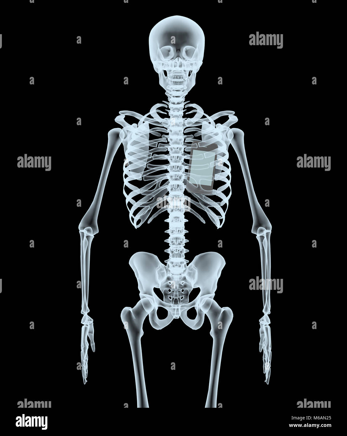 skeleton X-Ray displaying smartphone. isolated 3d illustration on a black background Stock Photo