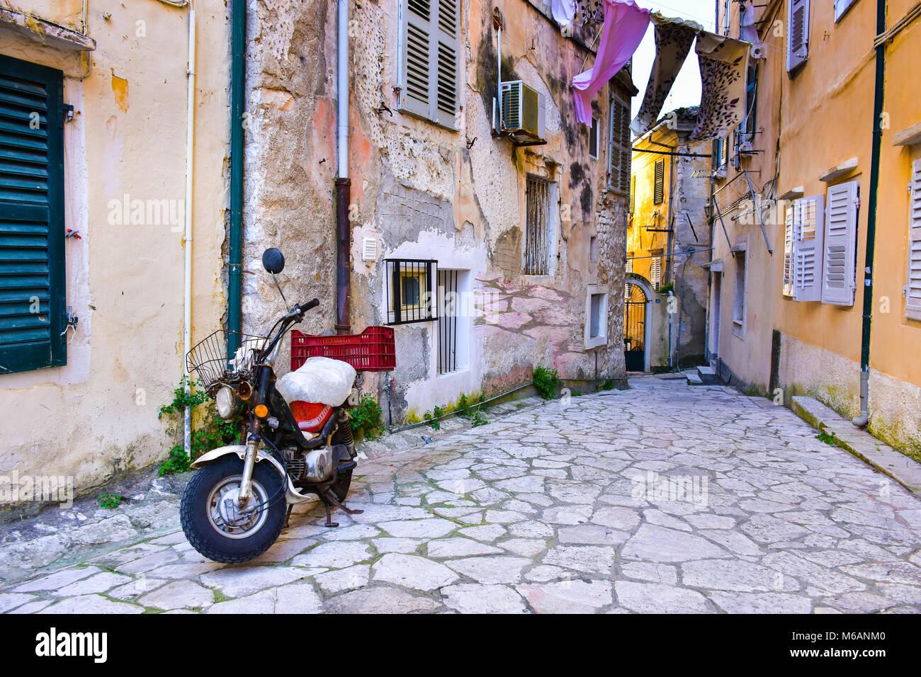 Old narrow streets of Corfu Town, Kerkyra, Greece Stock Photo