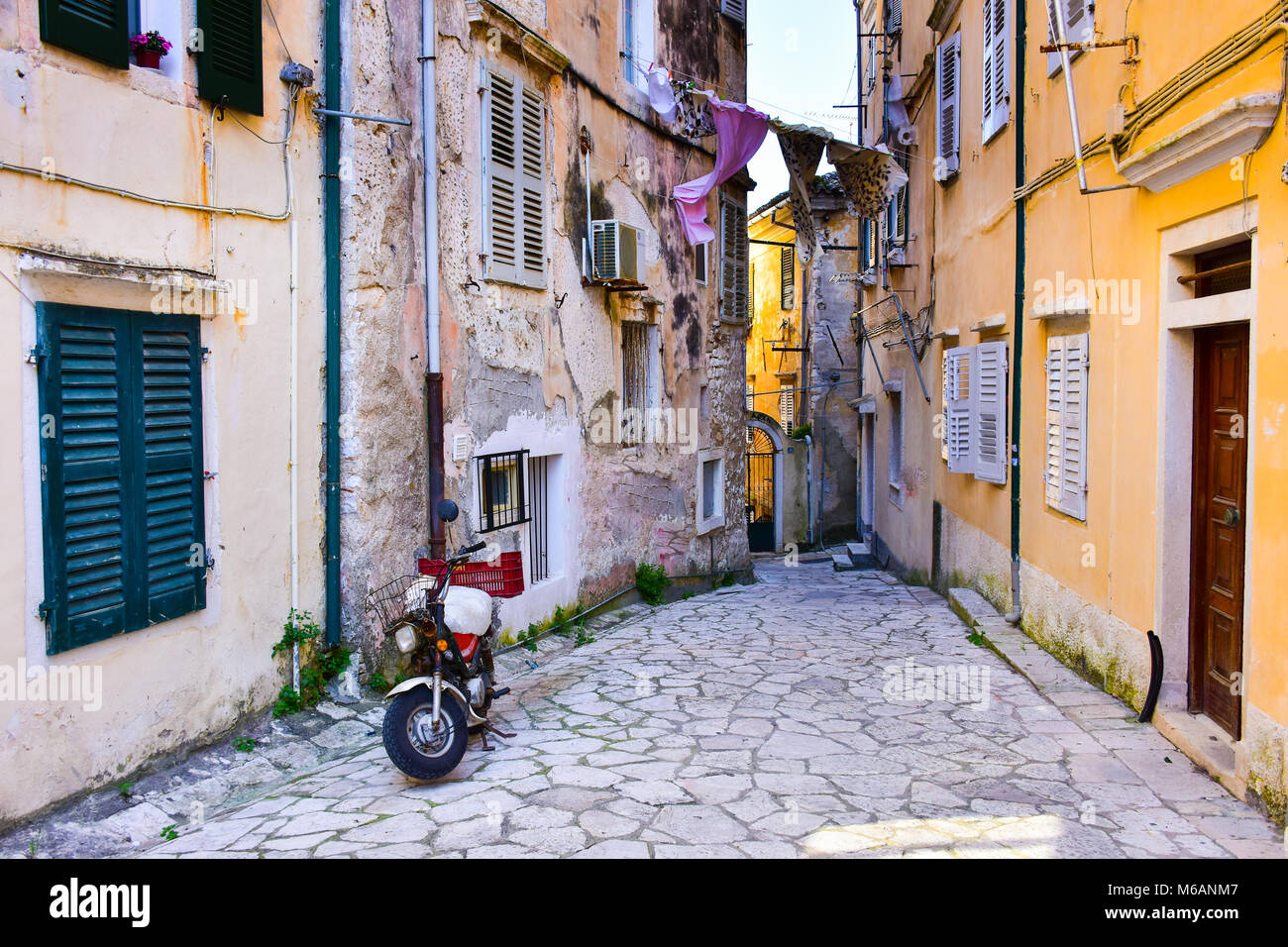 Old narrow streets of Corfu Town, Kerkyra, Greece Stock Photo