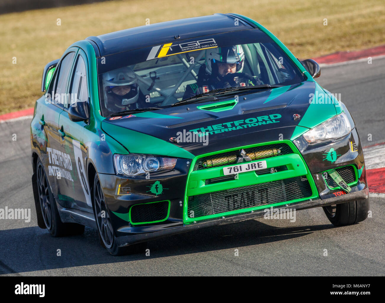 Johnnie Ellis and Marc Fowler in their Mitsubishi Evo X during the 2018 Motorsport News Snetterton Stage Rally, Norfolk, UK. Stock Photo