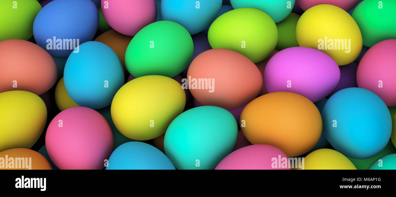Easter eggs painted in many different colors 3D illustration banner background. Stock Photo