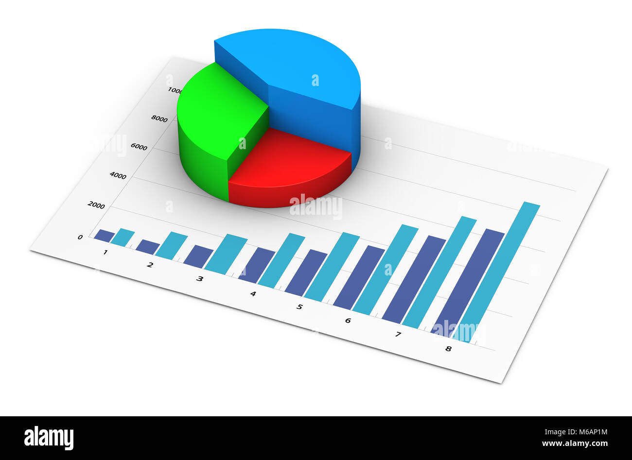 Successful financial report and growing business analysis data on diagram graph and pie chart 3D illustration on white background. Stock Photo