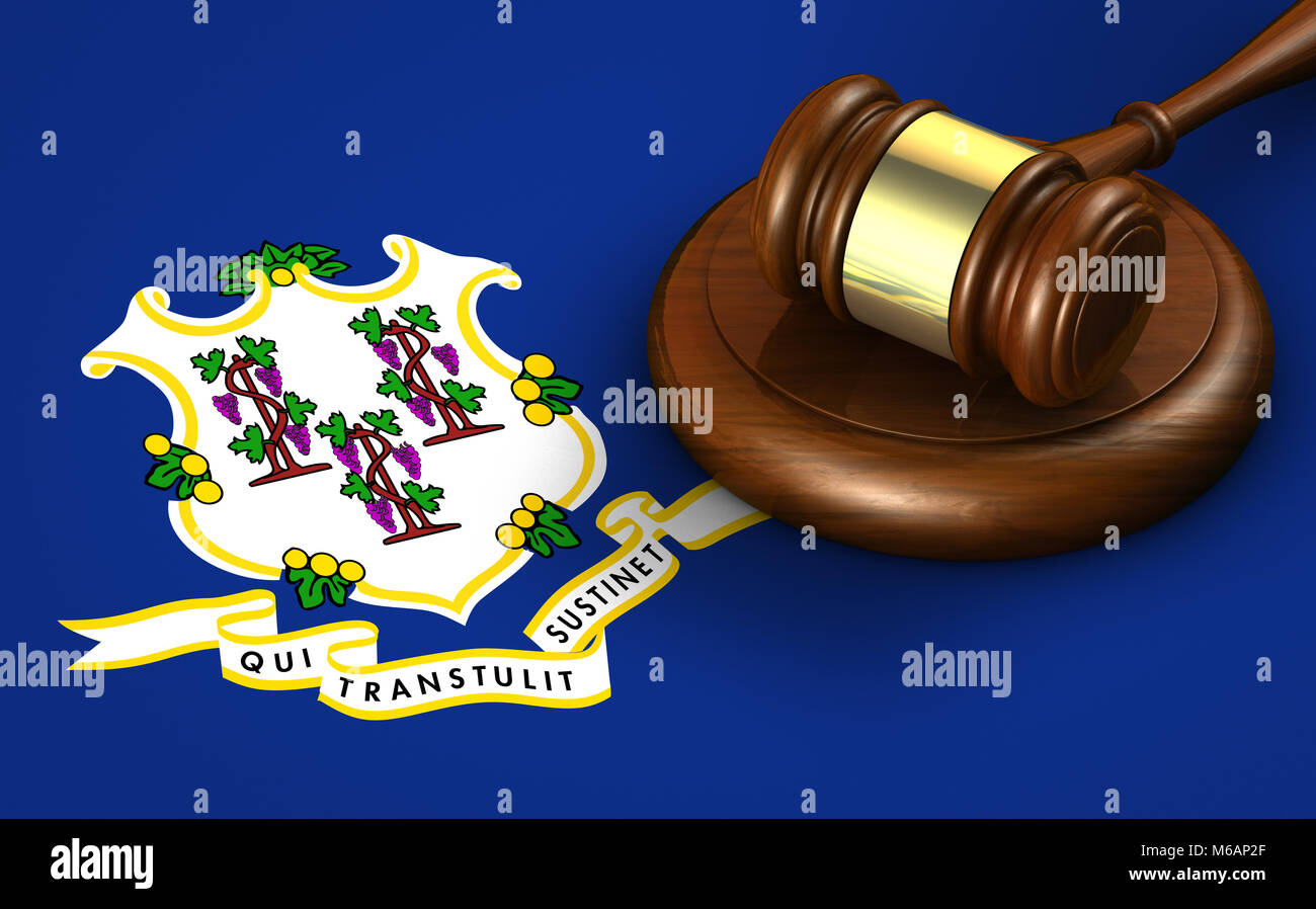 Connecticut US state law, legal system and justice concept with a 3d rendering of a gavel on the Connecticutian flag on background. Stock Photo