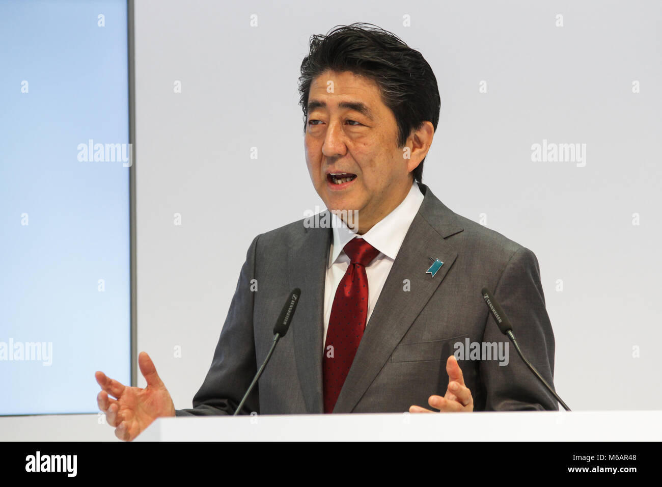 Hanover, Germany. 20th March, 2017. CeBIT 2017, ICT trade fair: Shinzo Abe, Prime Minister of Japan, speaks at opening walk at booth of CeBIT 2017-partner country Japan. Credit: Christian Lademann Stock Photo