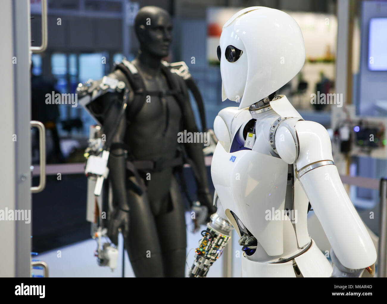 Hanover, Germany. 20th March, 2017. CeBIT 2017, ICT trade fair: robot AILA, a mobile dual-arm robot system, developed as a research platform for investigating aspects of the multidisciplinary area of mobile manipulation, applications: logistics, production and consumer. Developed by German Research Center for Artificial Intelligence and University of Bremen, Germany. Credit: Christian Lademann Stock Photo