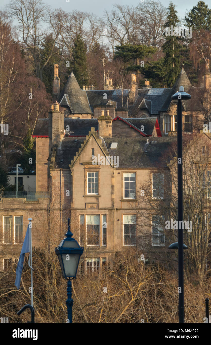 Victorian villas in late winter sunshine seen from Perth city centre, Scotland, UK. Stock Photo