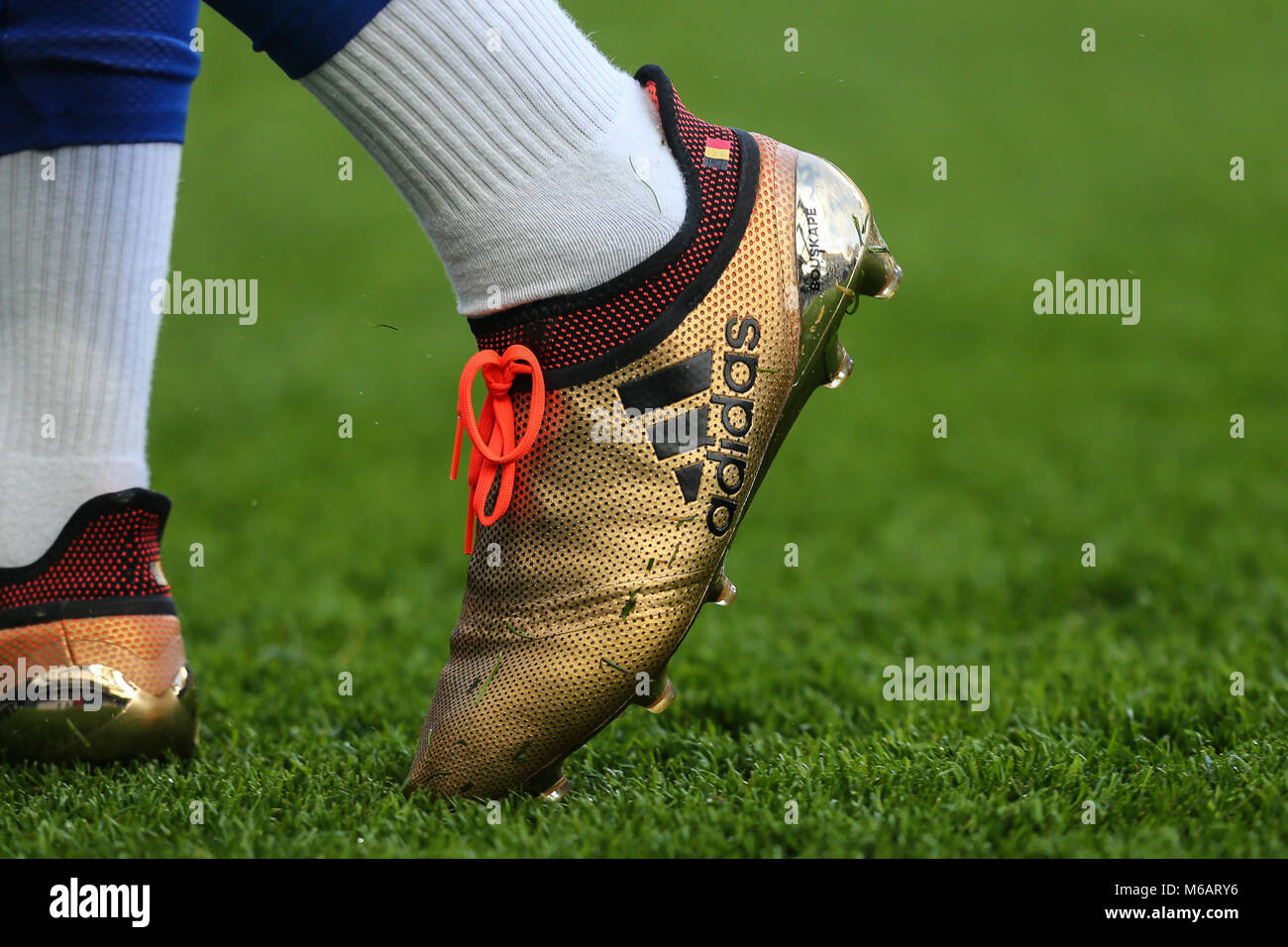 Socks and Adidas boots of Michy Batshuayi of Chelsea during the Premier League match between Chelsea and Newcastle United at Stamford Bridge, London,  Stock Photo