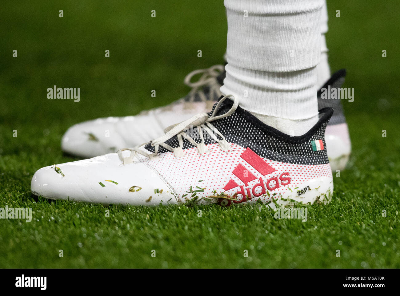 The Adidas football boots of David Zappacosta of Chelsea displaying ZAP7 & the Italy flag  ahead of the Premier League match between Watford and Chels Stock Photo