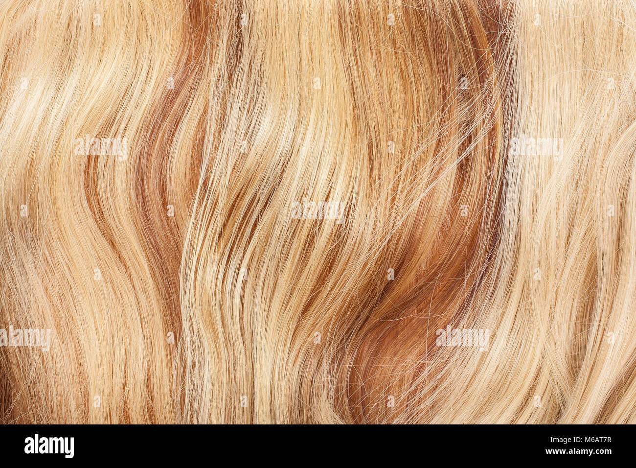 Real hair closeup. Hair texture pattern macro photo. Human european women's hair extension.. Black blonde brown. Stock Photo
