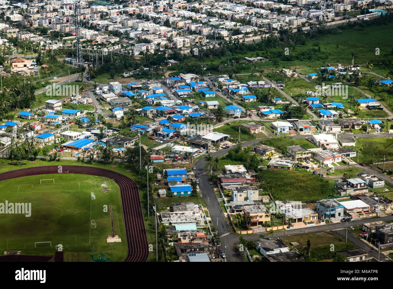 Bayamon, Puerto Rico, Feb. 13, 2018Blue roofs are visible in the town