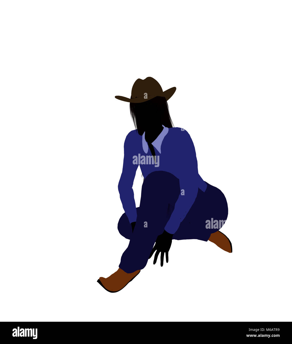 Cowgirl  dressed in blue silhouette with a cowboy hat on a white background Stock Photo