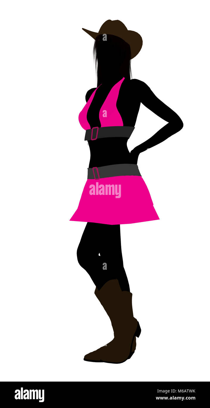 Cowgirl with dressed in pink silhouette with a cowboy hat on a white