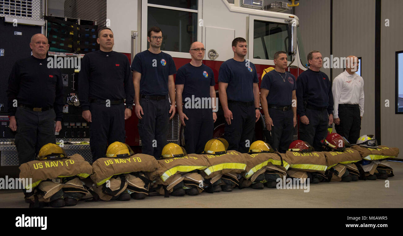 SUPPORT FACILITY DEVESELU, Romania (Feb. 22, 2018) Naval Support Facility (NSF) Deveselu fire and emergency services personnel stand in formation during a Last Alarm Ceremony honoring Chief Dean Riewald, Navy Region Europe, African, Southwest Asia’s fire chief, who passed away recently. The Last Alarm Ceremony is a time-honored tradition fire and emergency personnel use to pay respect to their fallen comrades. NSF Deveselu and Aegis Ashore Missile Defense System Romania are co-located with the Romanian 99th Military Base and play a key role in ballistic missile defense in Eastern Europe. (U.S. Stock Photo