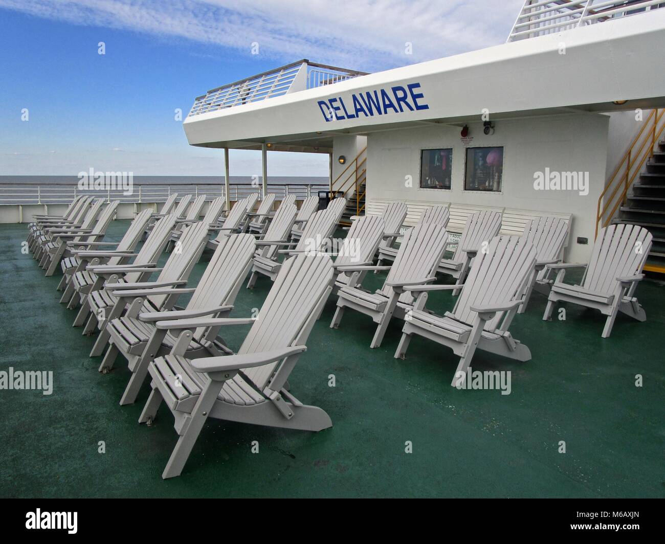 Deck chairs with a view of Delaware Bay from the Cape May (New Jersey