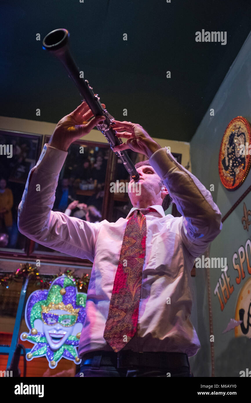 Jazz clarinet player performing at the Spotted Cat, New Orleans, Louisiana, USA, Stock Photo