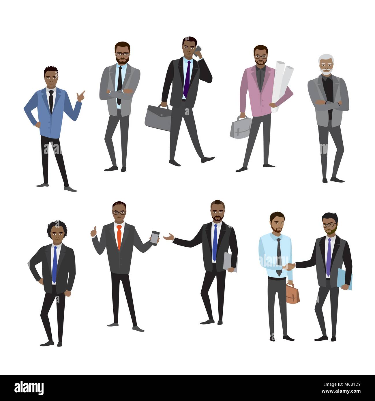 set of different african american businessman character,avatar or app icons in trendy flat style isolated on white background,stock vector illustratio Stock Vector