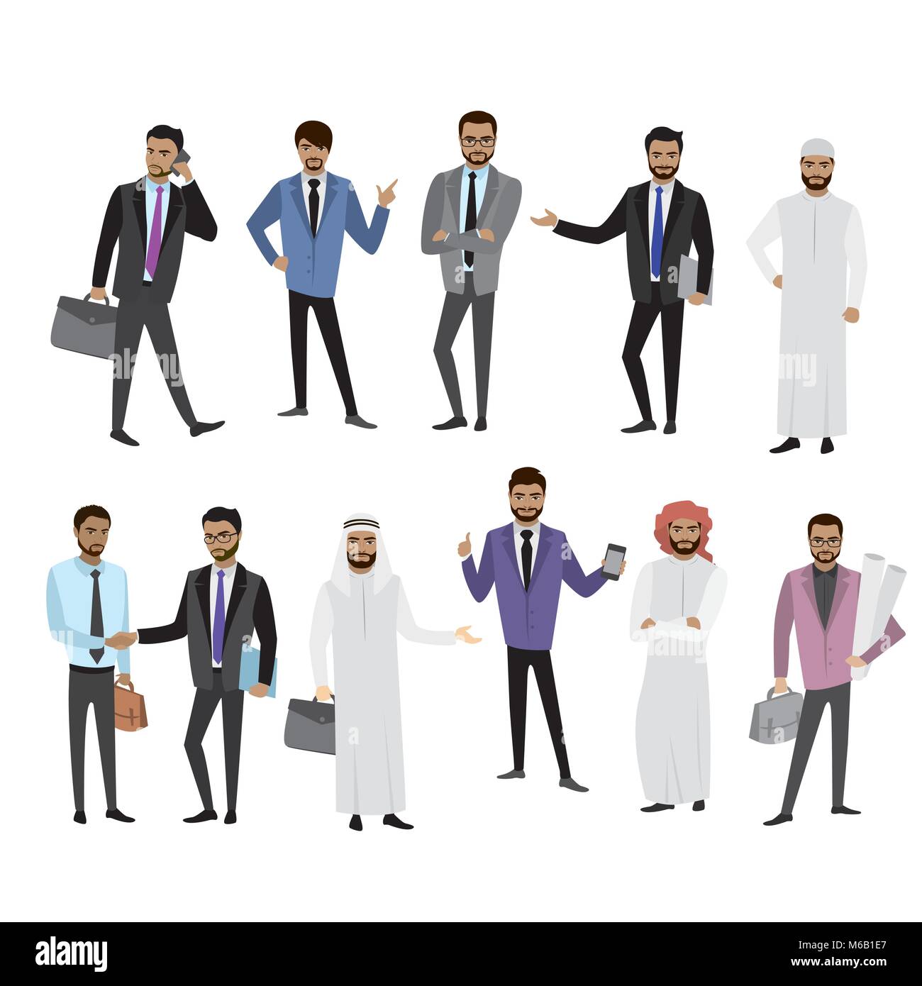 Big set cartoon Arab men, in different clothes and character, isolated on white, vector illustration Stock Vector