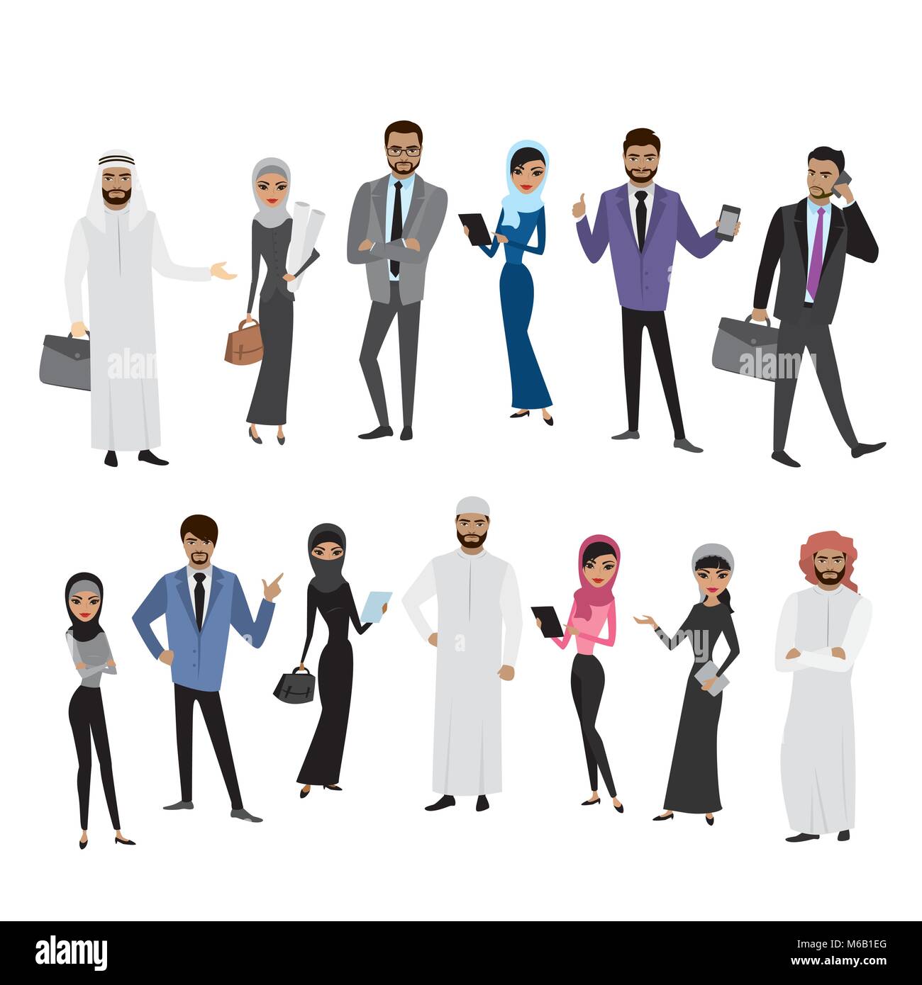 Big cartoon set of Arab men and women in different clothes and characters, isolated on white, vector illustration Stock Vector