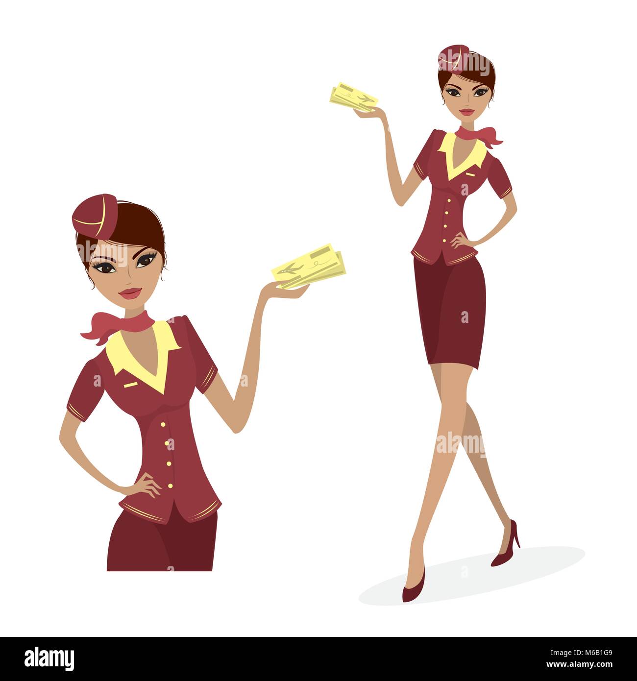 Vector illustration of attractive young stewardess in uniform, isolated on white background Stock Vector