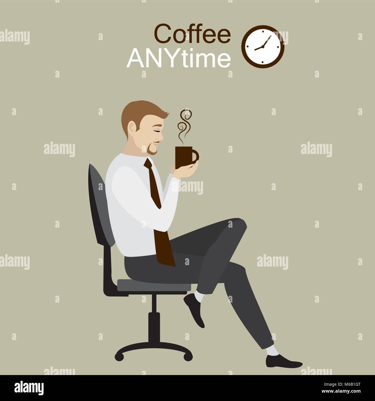 Businessman or office worker sitting on chair with a mug in his hands, coffee break, stock vector illustration Stock Vector