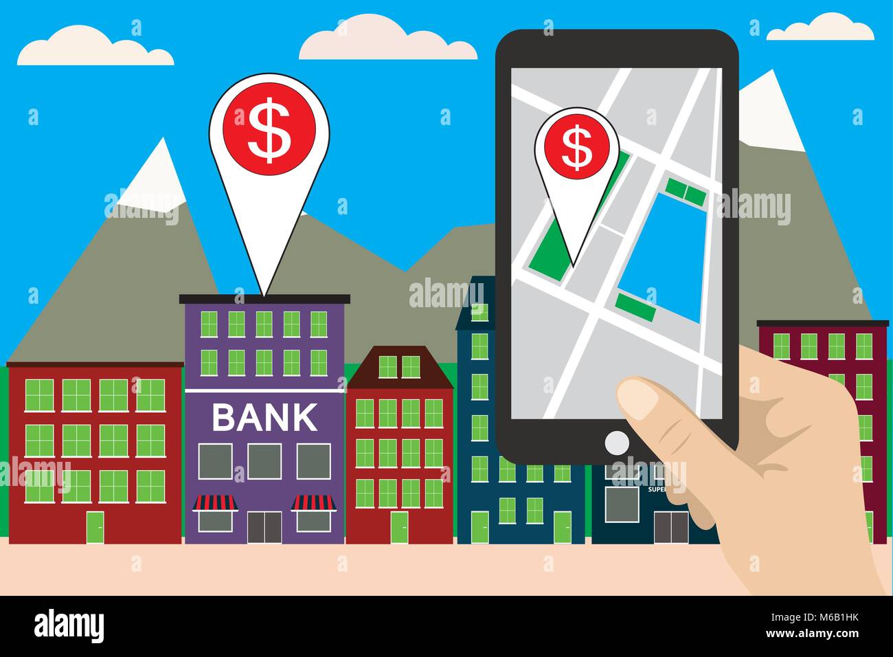 Mobile navigation concept vector illustration. Smartphone with gps city ...