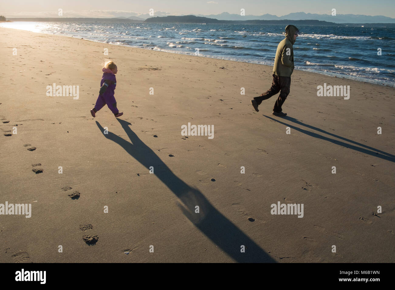 Father and daughter running on beach, Stock Photo