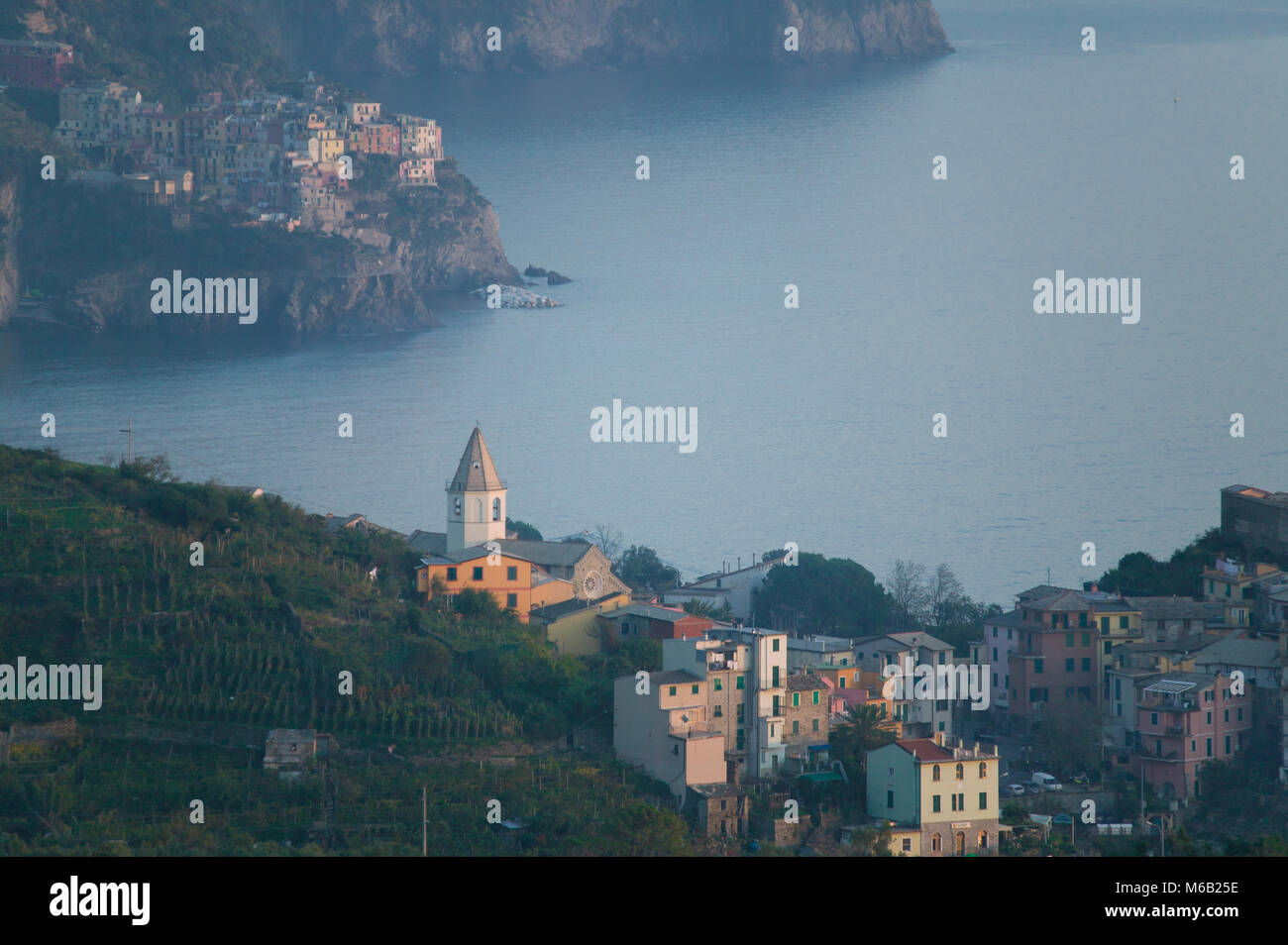 Villages of Corniglia and Manarola, Mediterranean Sea, Cinque Terre, Liguria, Italy Stock Photo