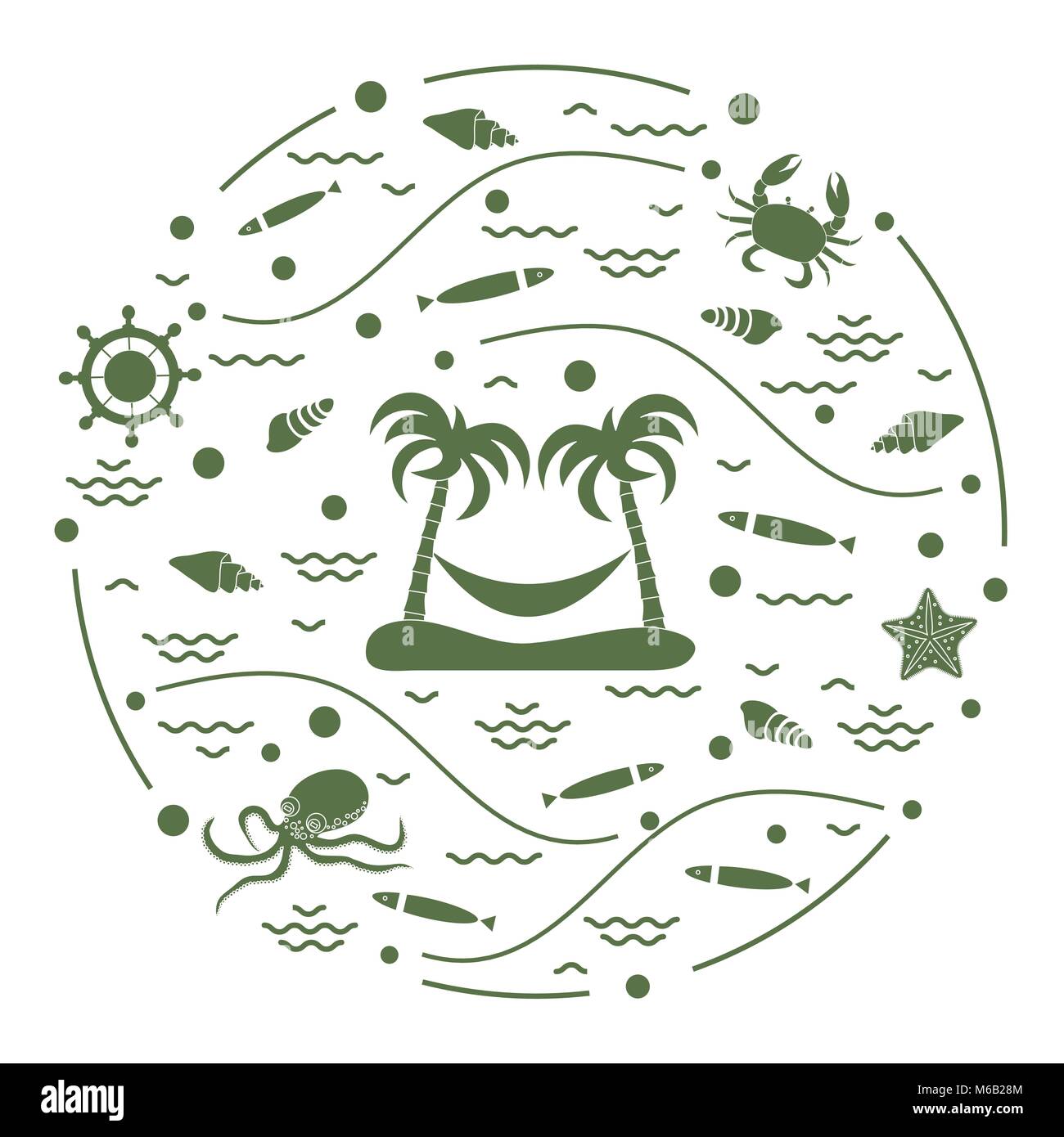 Cute vector illustration with octopus, fish, island with palm trees and ...