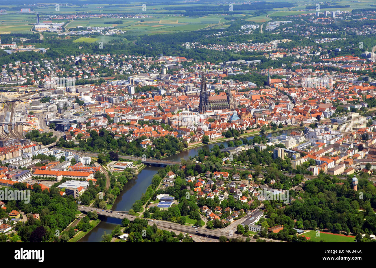 Closer Aerial view of Ulm Minster (Ulmer Münster) and Ulm, south germany on a sunny summer day Stock Photo