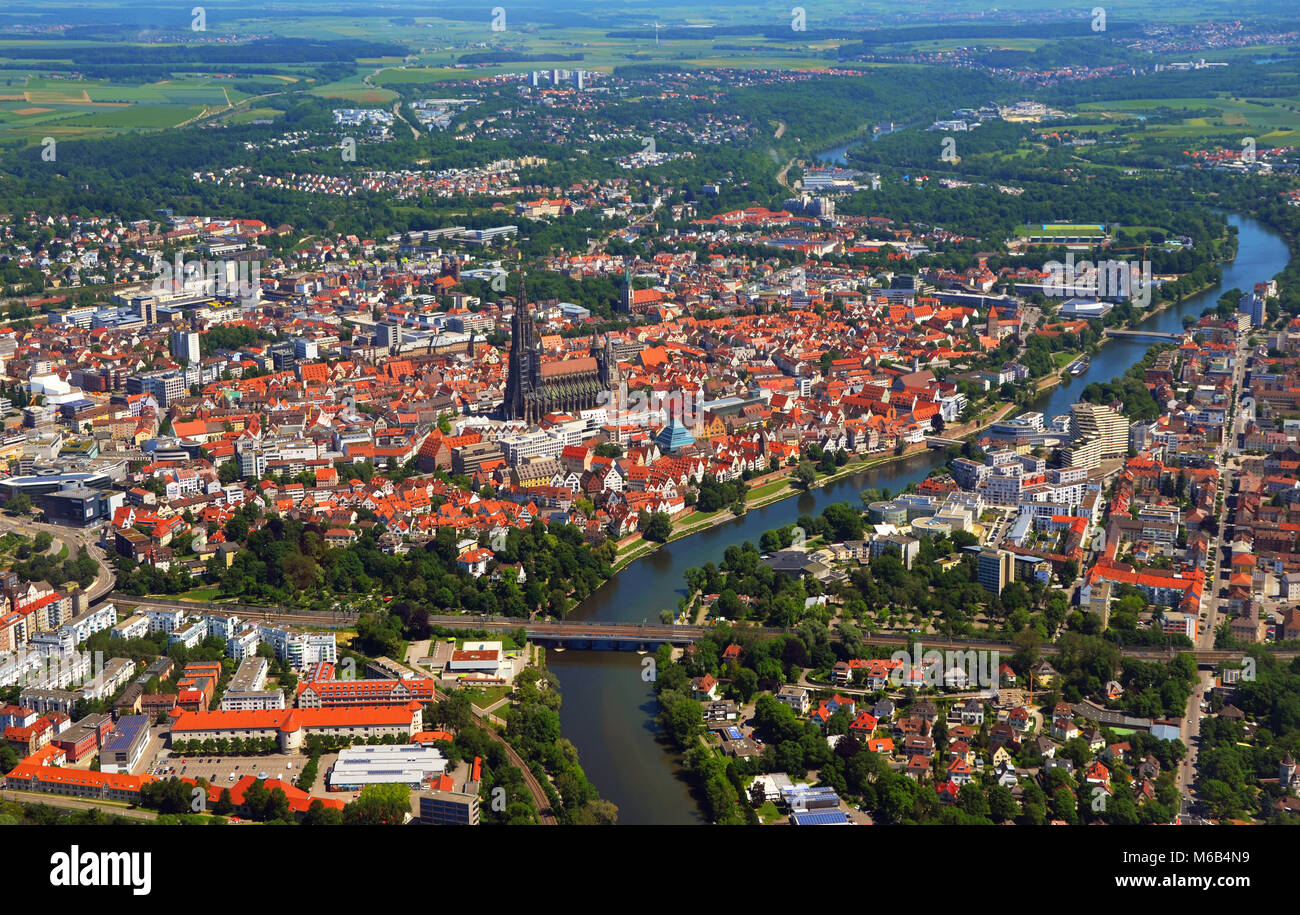 Closer Aerial view of Ulm Minster (Ulmer Münster) and Ulm, south germany on a sunny summer day Stock Photo