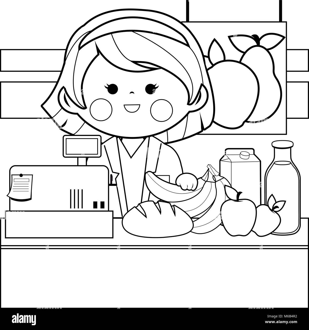 Grocery store employee at the counter. Black and white coloring book page Stock Vector