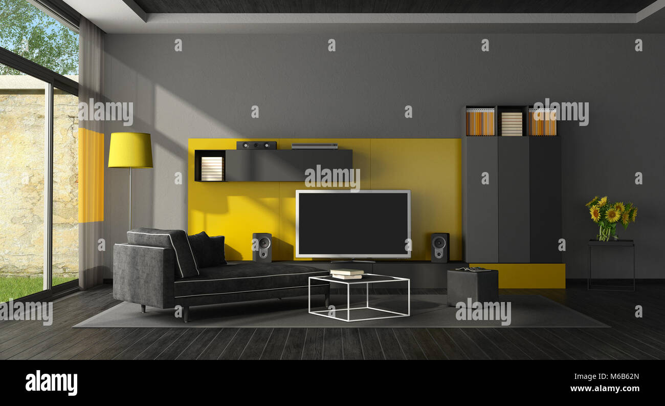 Black And Yellow Living Room With Tv Set And Chaise Lounge