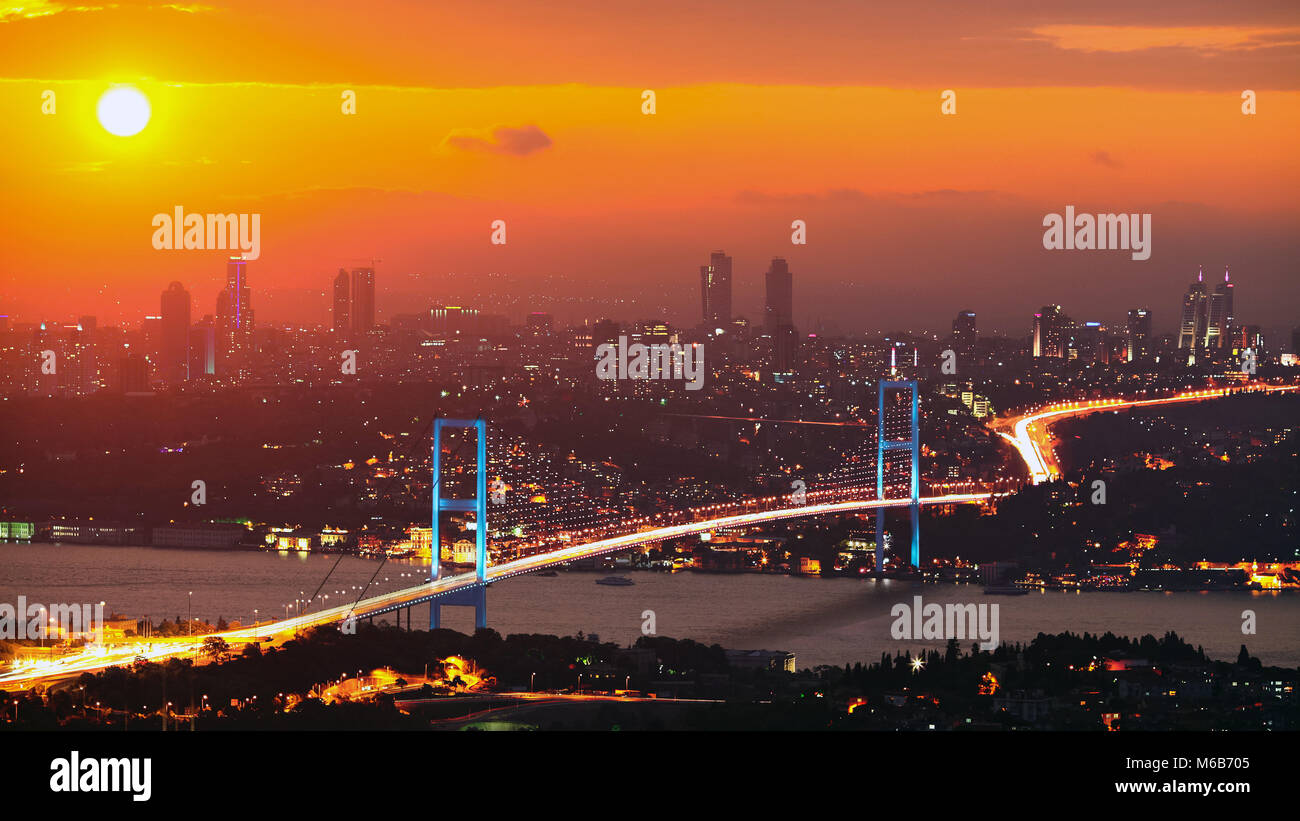 Turkey Istanbul Bosphorus Bridge Sunset Panorama Stock Photo