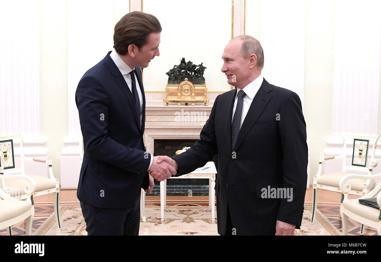 Russian President Vladimir Putin welcomes Federal Chancellor of Austria Sebastian Kurz prior to their bilateral meeting at the Kremlin February 28, 2018 in Moscow, Russia. Stock Photo