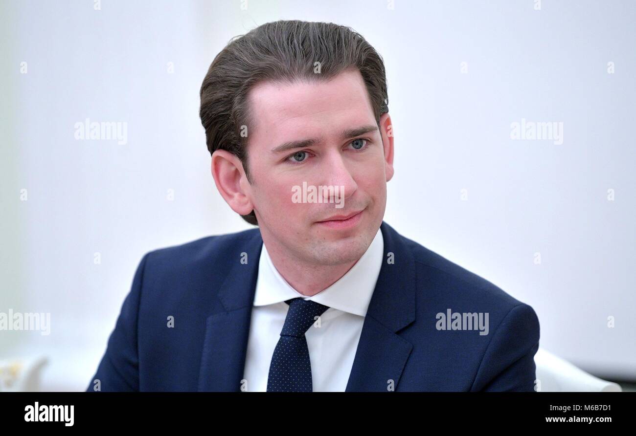 Federal Chancellor of Austria Sebastian Kurz during a bilateral meeting with Russian President Vladimir Putin at the Kremlin February 28, 2018 in Moscow, Russia. Stock Photo