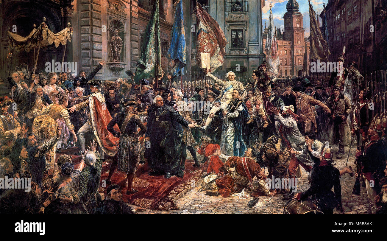 Adoption of the Polish-Lithuanian Constitution of May 3, 1791. The painting depicts King Stanislaus Augustus together with members of the Grand Sejm and inhabitants of Warsaw entering St John’s Cathedral in order to swear in the new national constitution just after it had been adopted by the Grand Sejm in the Royal Castle visible in the background.  Jan Matejko Stock Photo