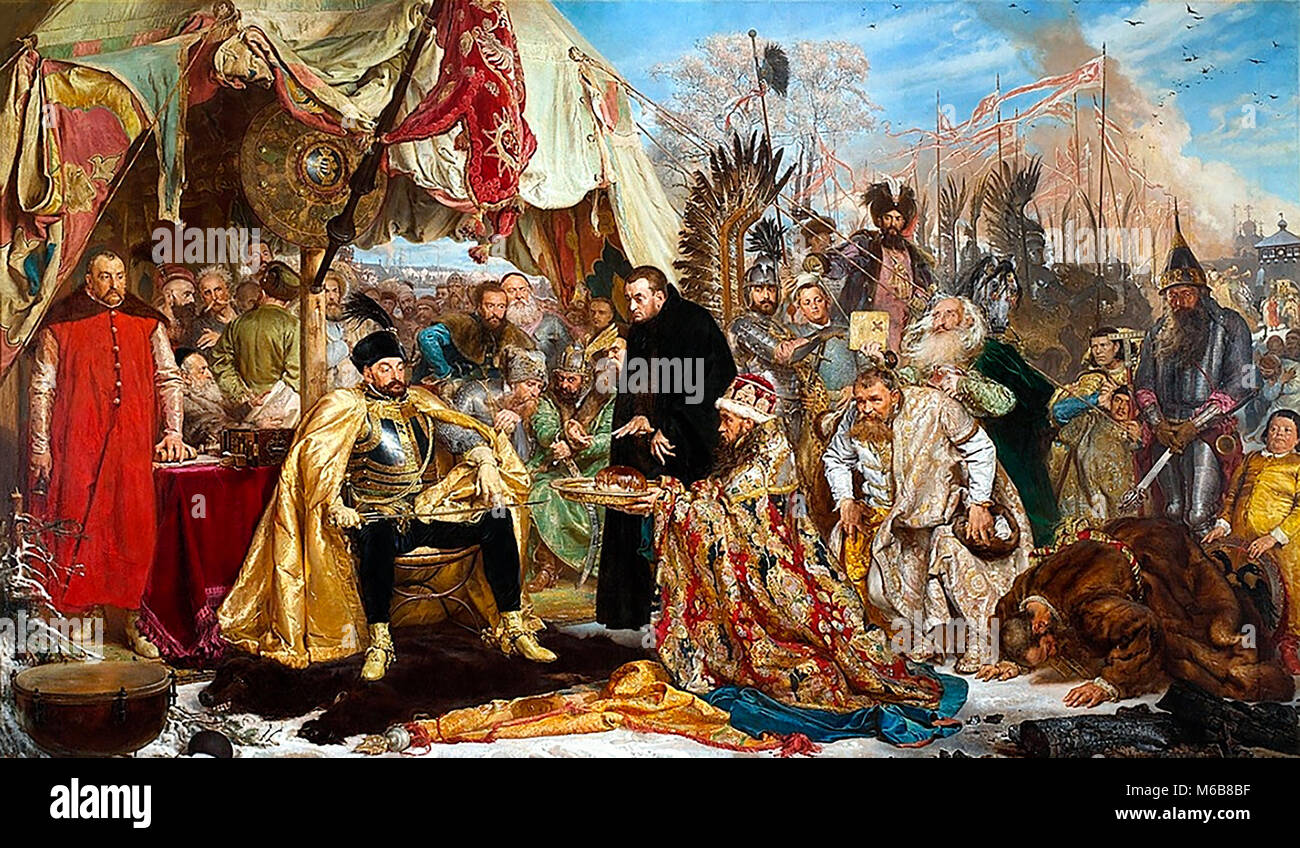The siege of Pskov from the Polish perspective: Batory at Pskov, 1579. Painting by Jan Matejko in 1872. Matejko's allegoric painting illustrates the concept of romantic nationalism: the Muscovites are represented doing homage to the Polish king, which appear victorious, although in reality Pskov never fell to the Poles, as the conflict ended with negotiations before the siege was concluded. Stock Photo