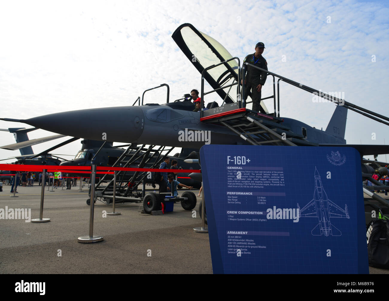 Singapore  - Feb 10, 2018. A Lockheed Martin F-16 Fighting Falcon aircraft belong to the Singapore Air Force sits on display at the 2018 Singapore Air Stock Photo