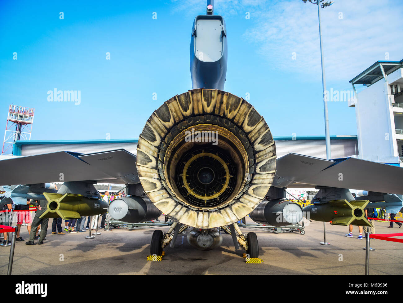 Singapore  - Feb 10, 2018. Engine of Lockheed Martin F-16 Fighting Falcon aircraft belong to the Singapore Air Force sits on display at the 2018 Singa Stock Photo