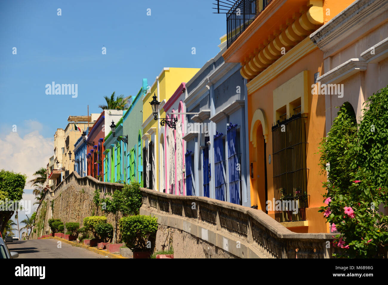 Colorful row of houses in the old town of Mazatlan, Mexico, on a sunny