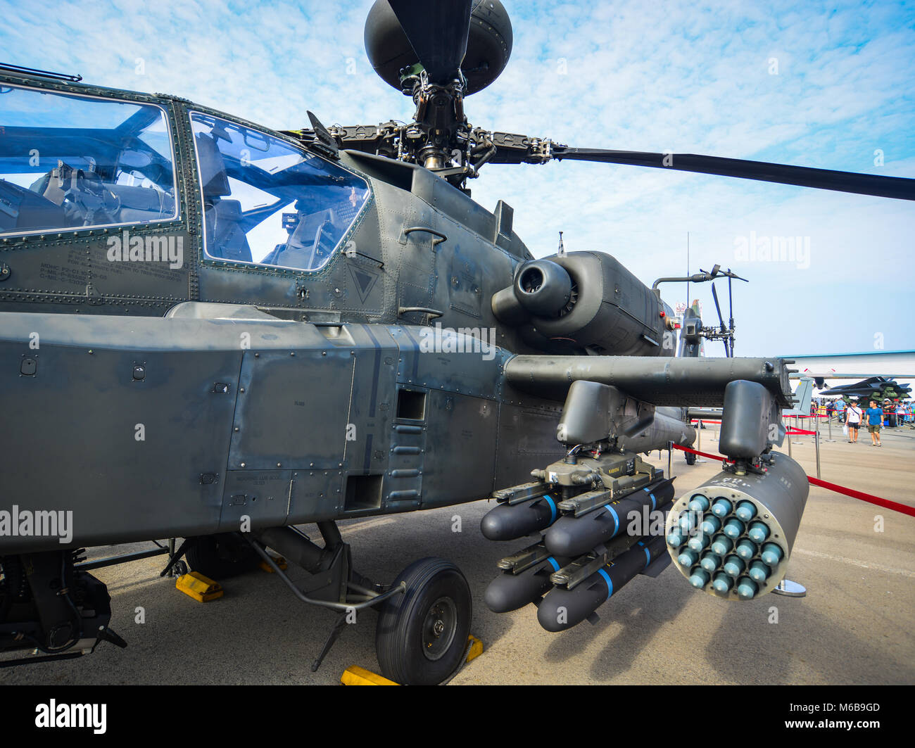 Singapore  - Feb 10, 2018. Weapons of Boeing AH-64 Apache helicopter belong to the Singapore Air Force on display at the 2018 Singapore Airshow. Stock Photo